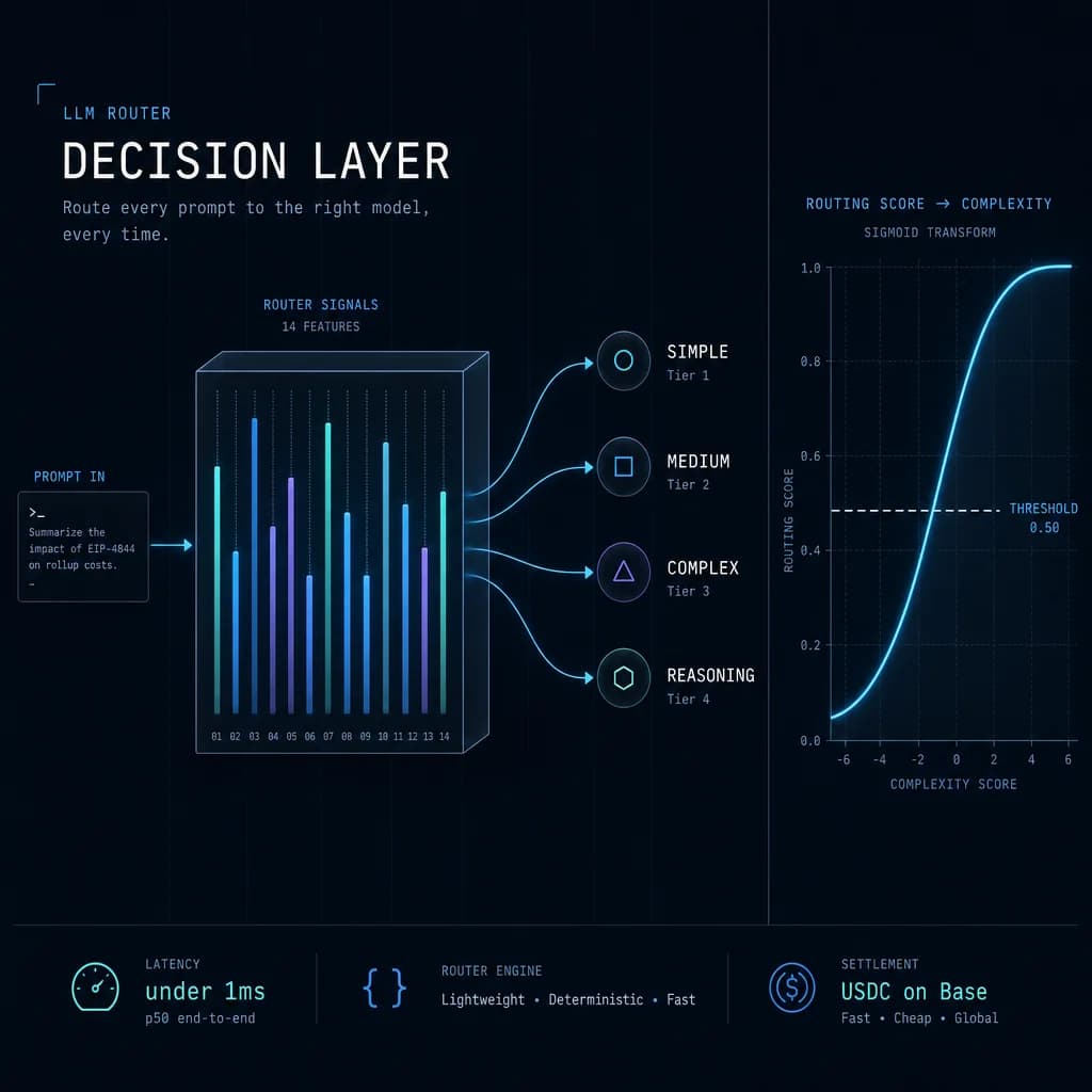 ClawRouter decision layer — 14-dimension scoring, tier classification, quality-first fallbacks
