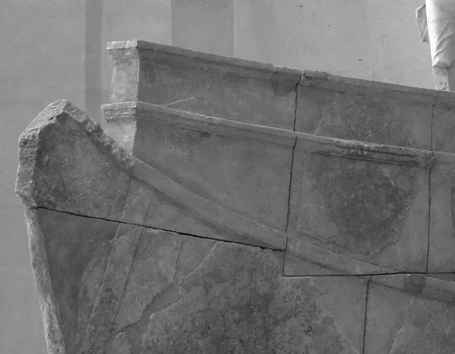 The prow of the ship beneath the Winged Victory